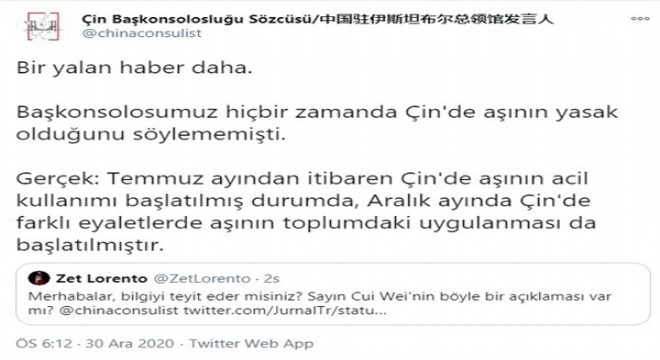 Çin Başkonsolosluğu'ndan 